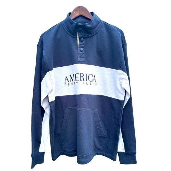 Perry Ellis America Navy Blue & White Pullover Fleece Sweater Size M w/ Pocket - Picture 13 of 13